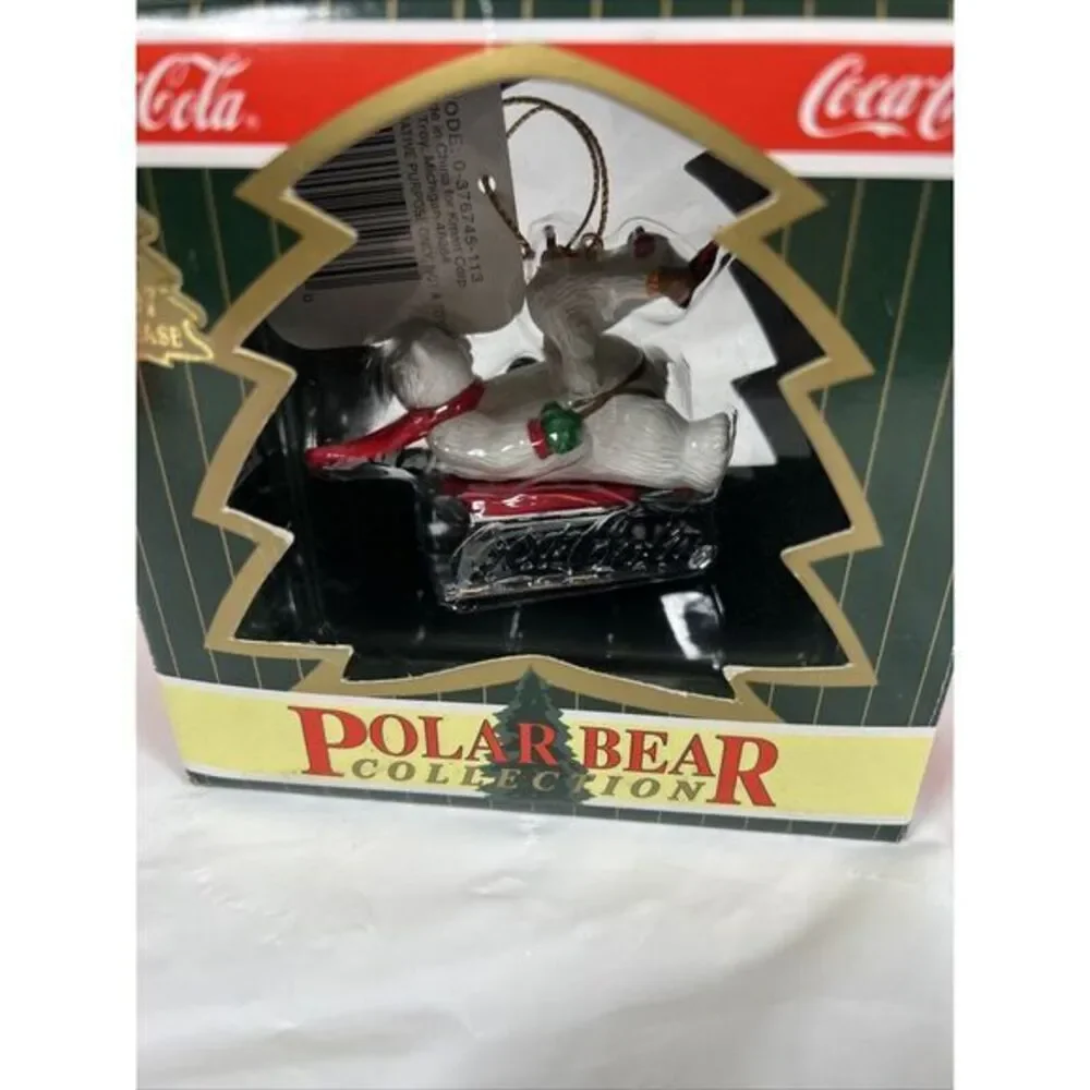 1997 Coca-Cola Polar Bear Collection‎ Coke 2 Bears Sled Christmas Ornament VTG